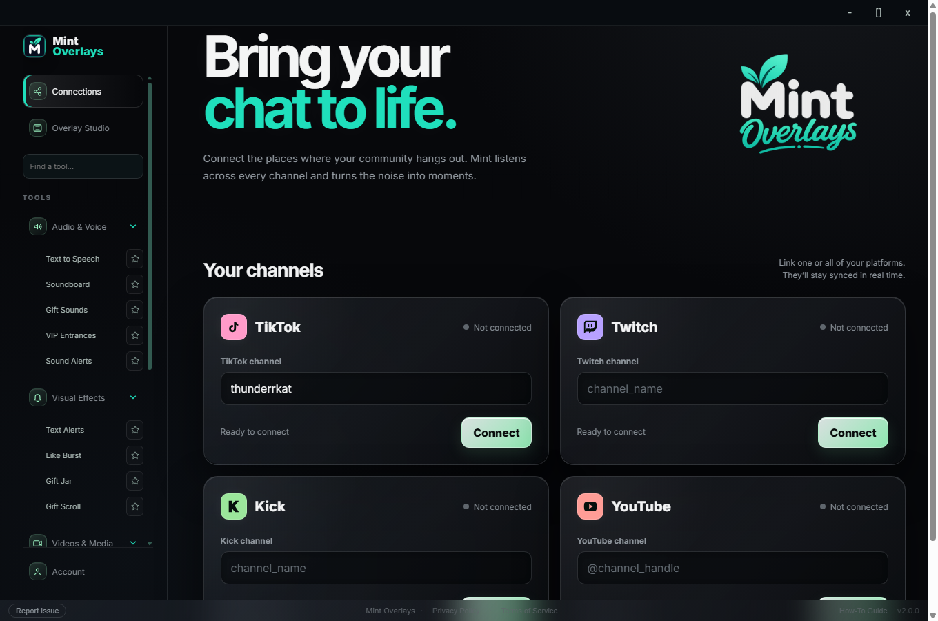 Mint Overlays V2 — Connections dashboard